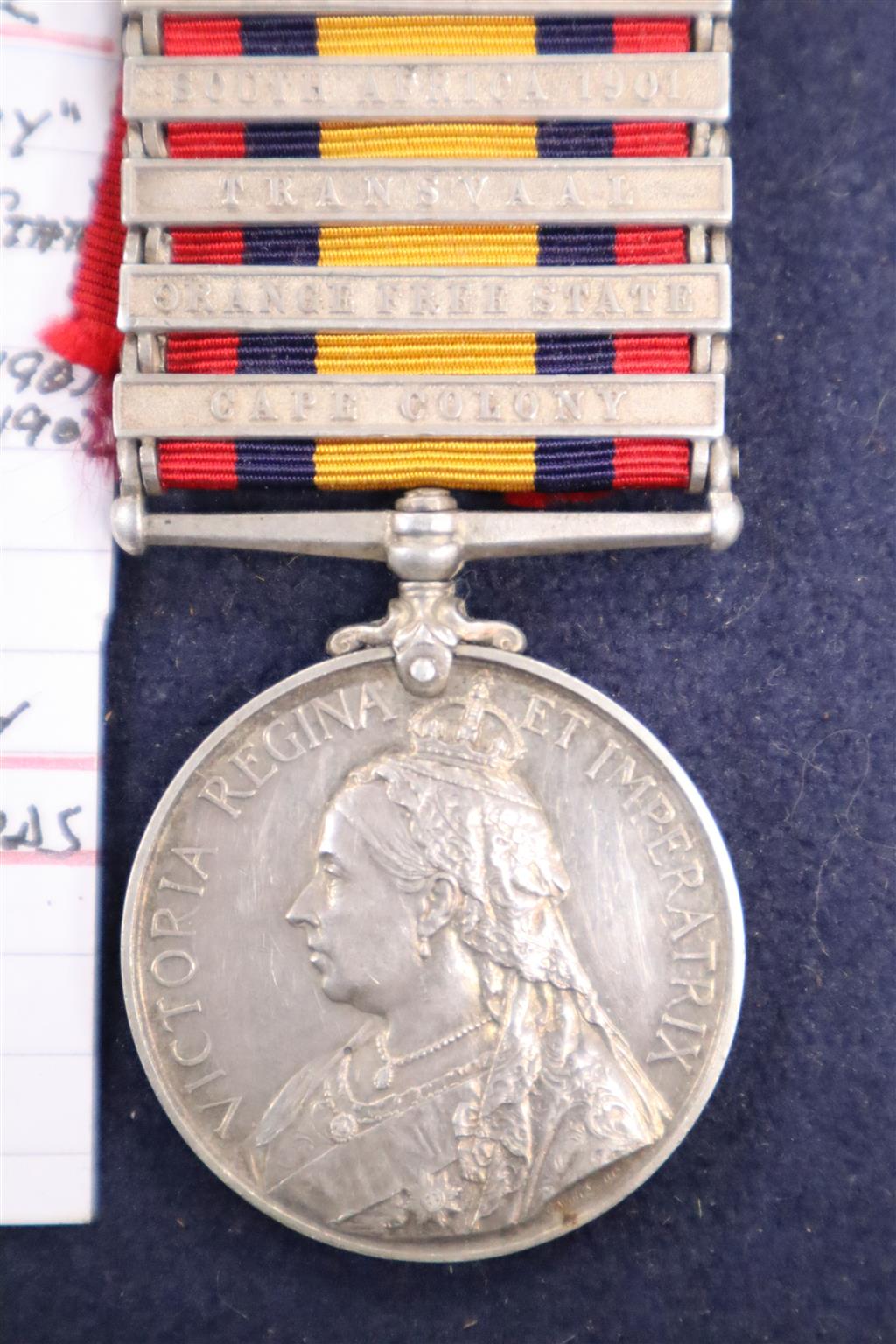 A Queens South Africa medal with five clasps to Pte A.H.Bailey 2nd Dragoons Guards